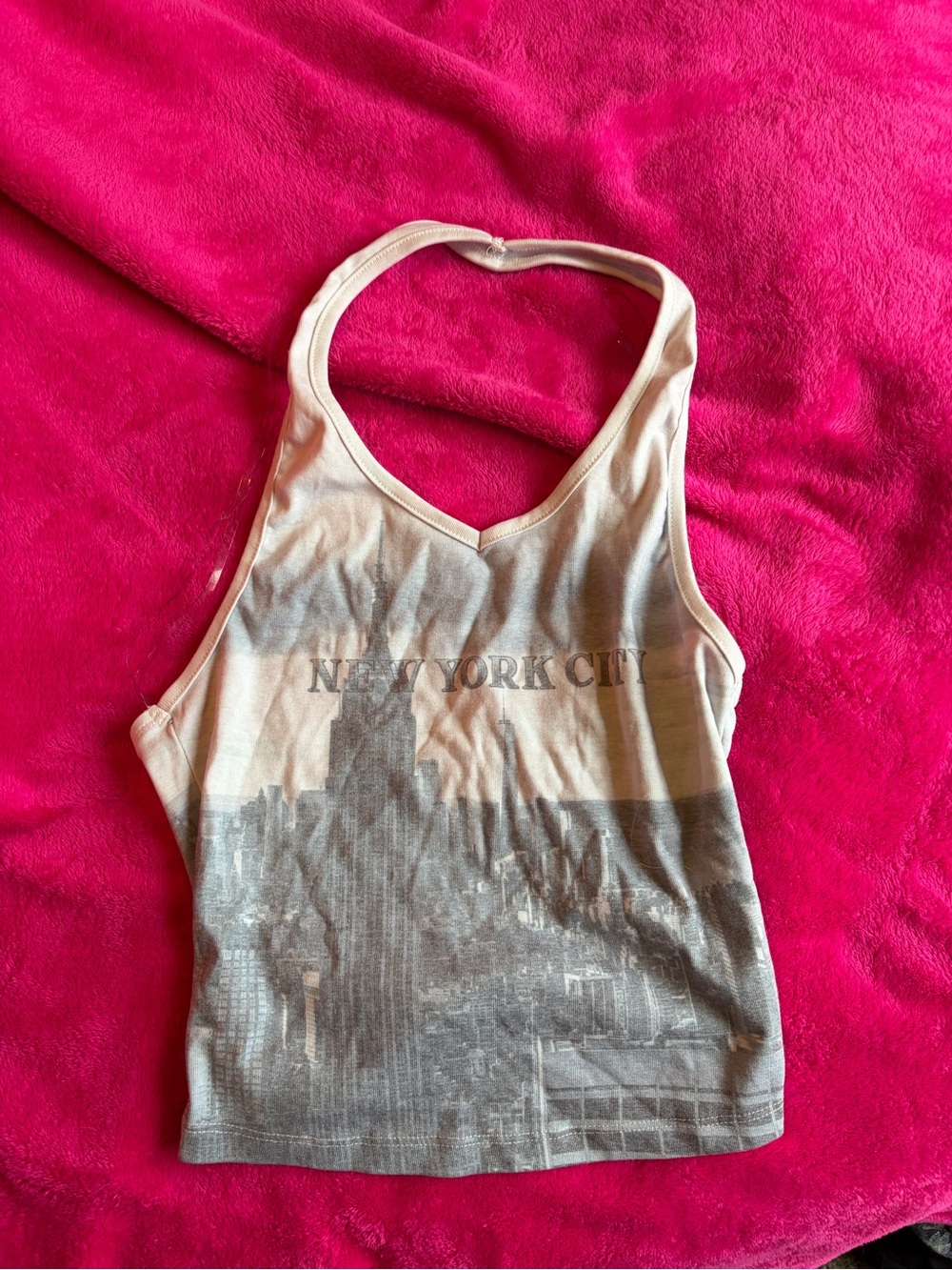 New York City Graphic Halter Tank Top - Cream and Gray